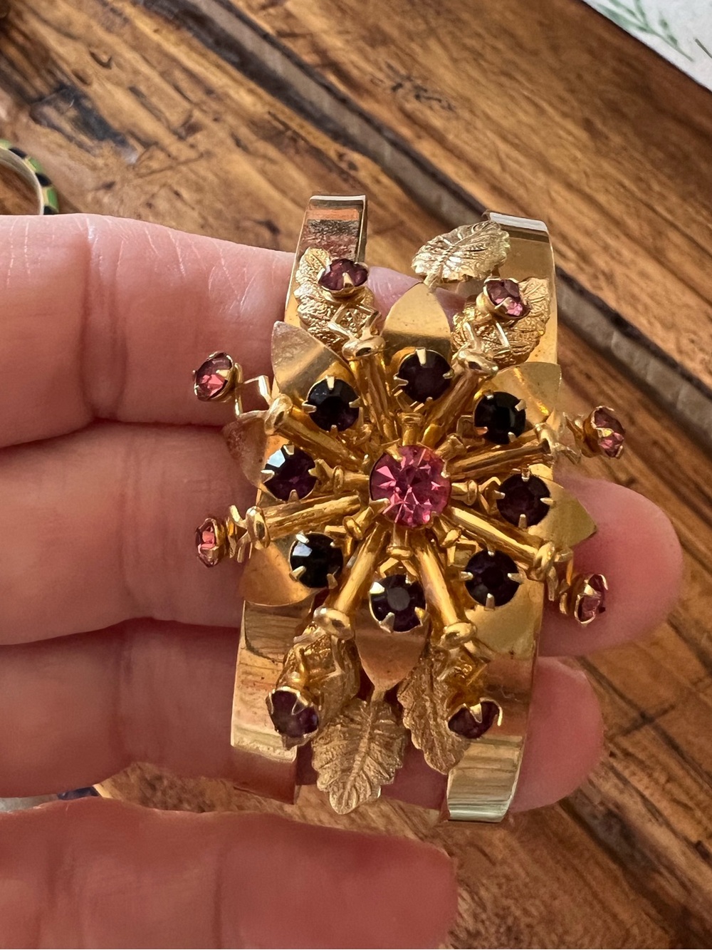 Gold-Tone Flower Cuff Bracelet with Pink and Purple Stones